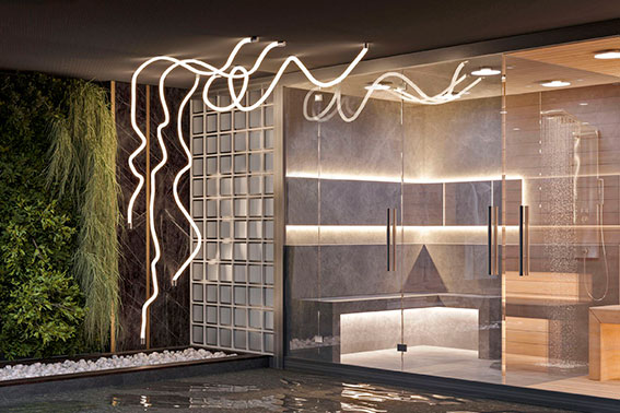 Нетривиальное освещение сауны с бассейном в спа-салоне