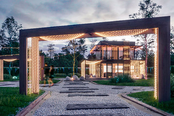 Декоративное оформление территории и здания отеля