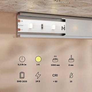 Светодиодная лента Base 24В 2835 9,6Вт/м 3000K 5м IP 20 201177