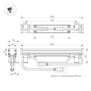 Линейный прожектор AR-LINE-300-6W Warm3000 (GR, 15x60 deg, 230V) (Arlight, IP65 Металл, 3 года)