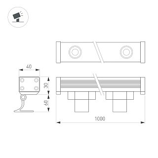 Линейный прожектор AR-LINE-1000-18W Warm3000 (GR, 30 deg, 230V) (Arlight, IP65 Металл, 3 года)
