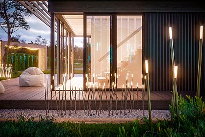 Фантазийная ландшафтная подсветка территории экоотеля